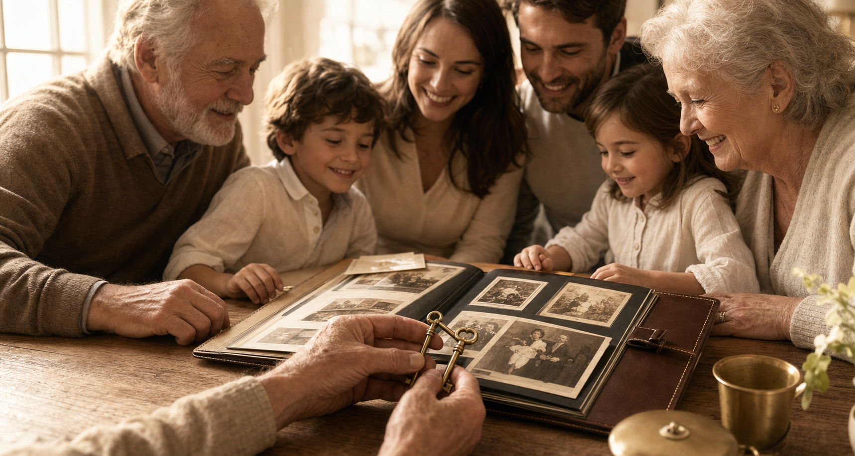 Three generations of a family reviewing a photo album and legacy keepsakes at a sunlit table